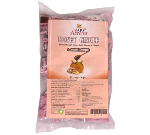 Леденцы от кашля Мед и Имбирь Бапс Амрут (Herbal Cough Drops Honey & Ginger with Honey & Ginger Baps Amrut), 20 шт.